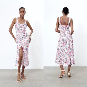 NWT ZARA White Blue Linen Blend Prairie Maxi Dress